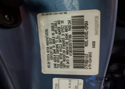 2003 Toyota Camry Le z USA, uszkodzony, nr VIN 4T1BE30K23U737366